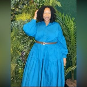 Brilliant Blue Long Sleeve A line Dress